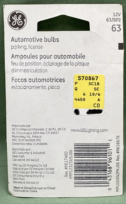 New Genuine GE 63 Standard Replacement Bulb Set 6v, 63/BP2