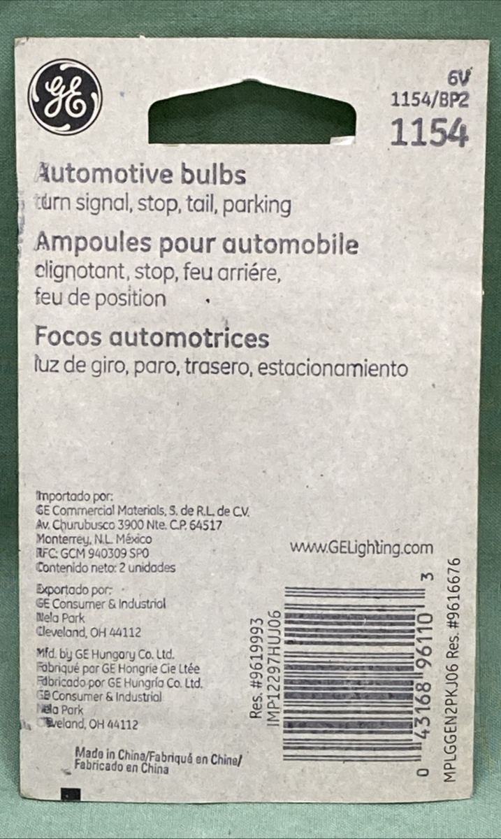 New Genuine GE 1154 Standard Replacement Automotive Bulb Set 6v, 1154/BP2