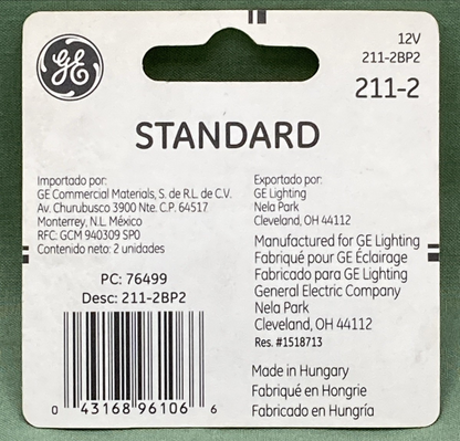 QTY 2 New Genuine GE 211-2 Standard Bulb Set 12v, 211-2BP2