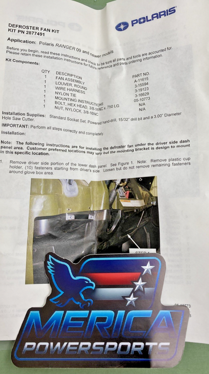 New Genuine Polaris 2877491 Defroster Fan Kit, Ranger 09
