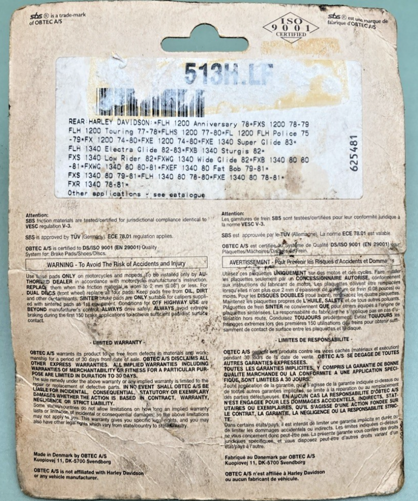 New Genuine SBS 513H-LF Ceramic Brake System, For Harley Davidson