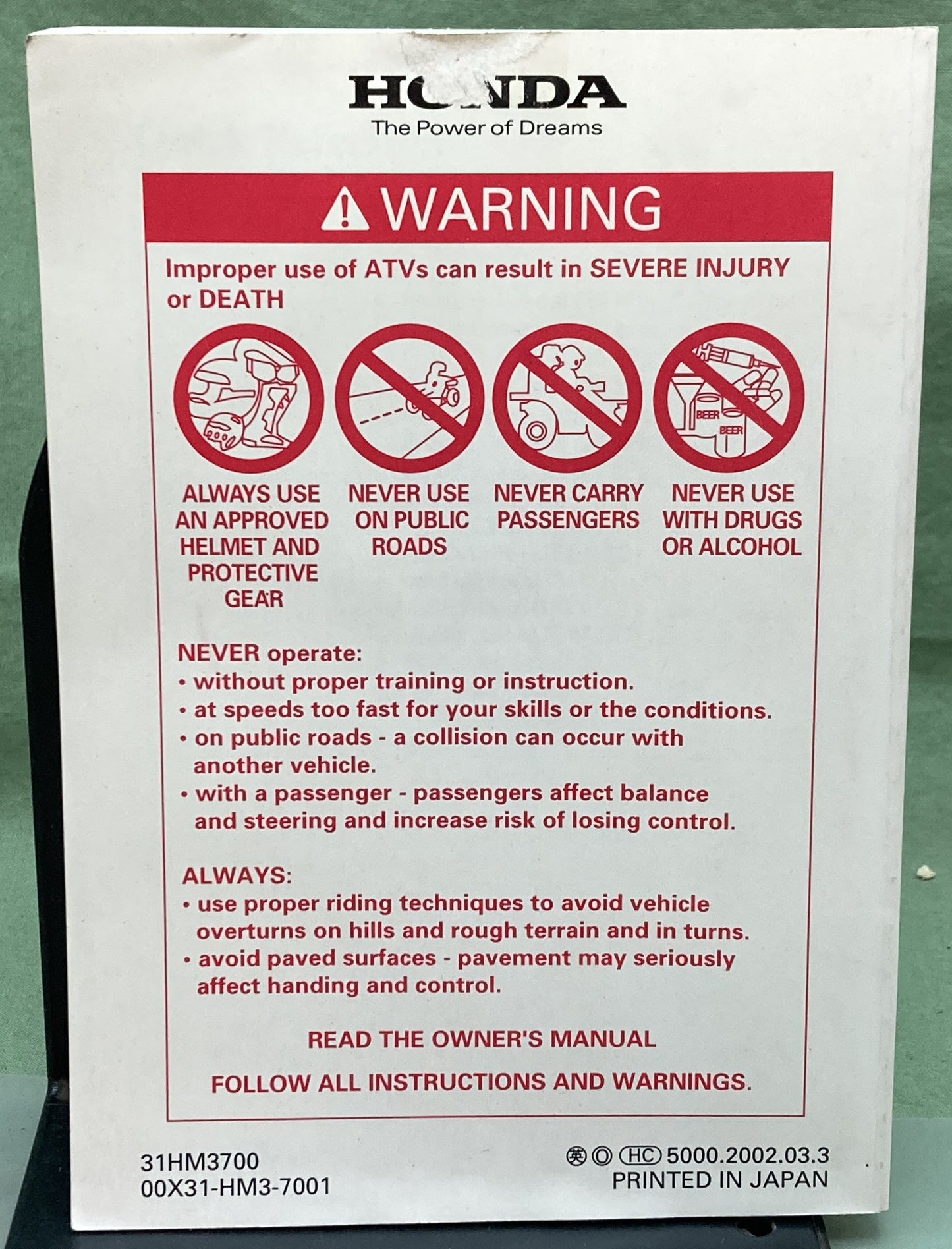 Genuine Honda 31HM3700 TRX300EX Sporttrax300EX Owner's Manual 2003