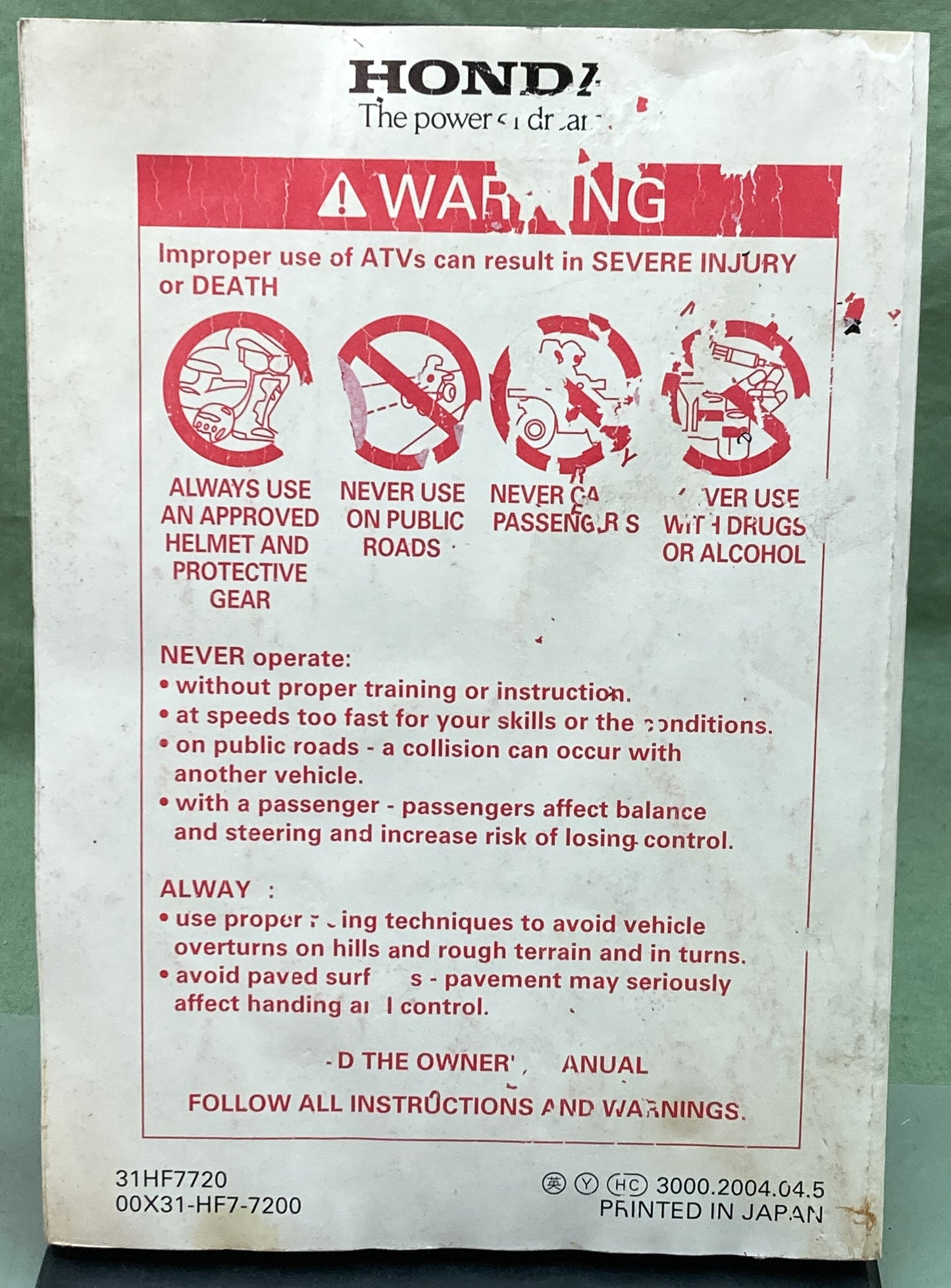 Genuine Honda 31HF7720 TRX90 Sporttrax90 Owner's Manual 2005