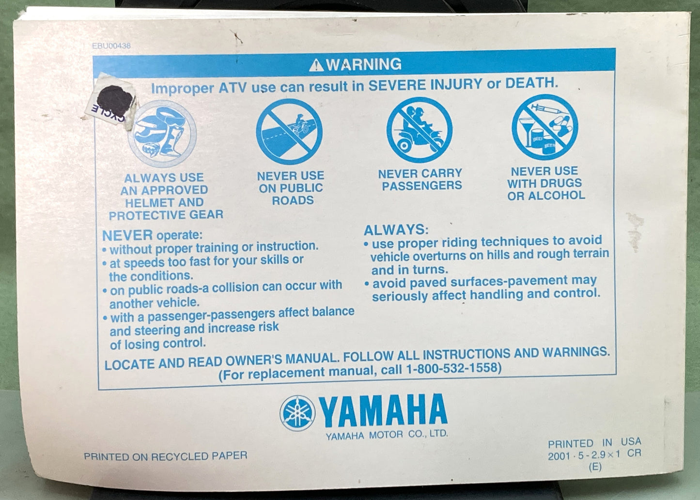 Genuine Yamaha LIT-11626-15-22 YFM40FP Big Bear 4x4 Owner's Manual 2001