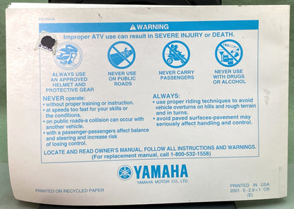 Genuine Yamaha LIT-11626-15-22 YFM40FP Big Bear 4x4 Owner's Manual 2001