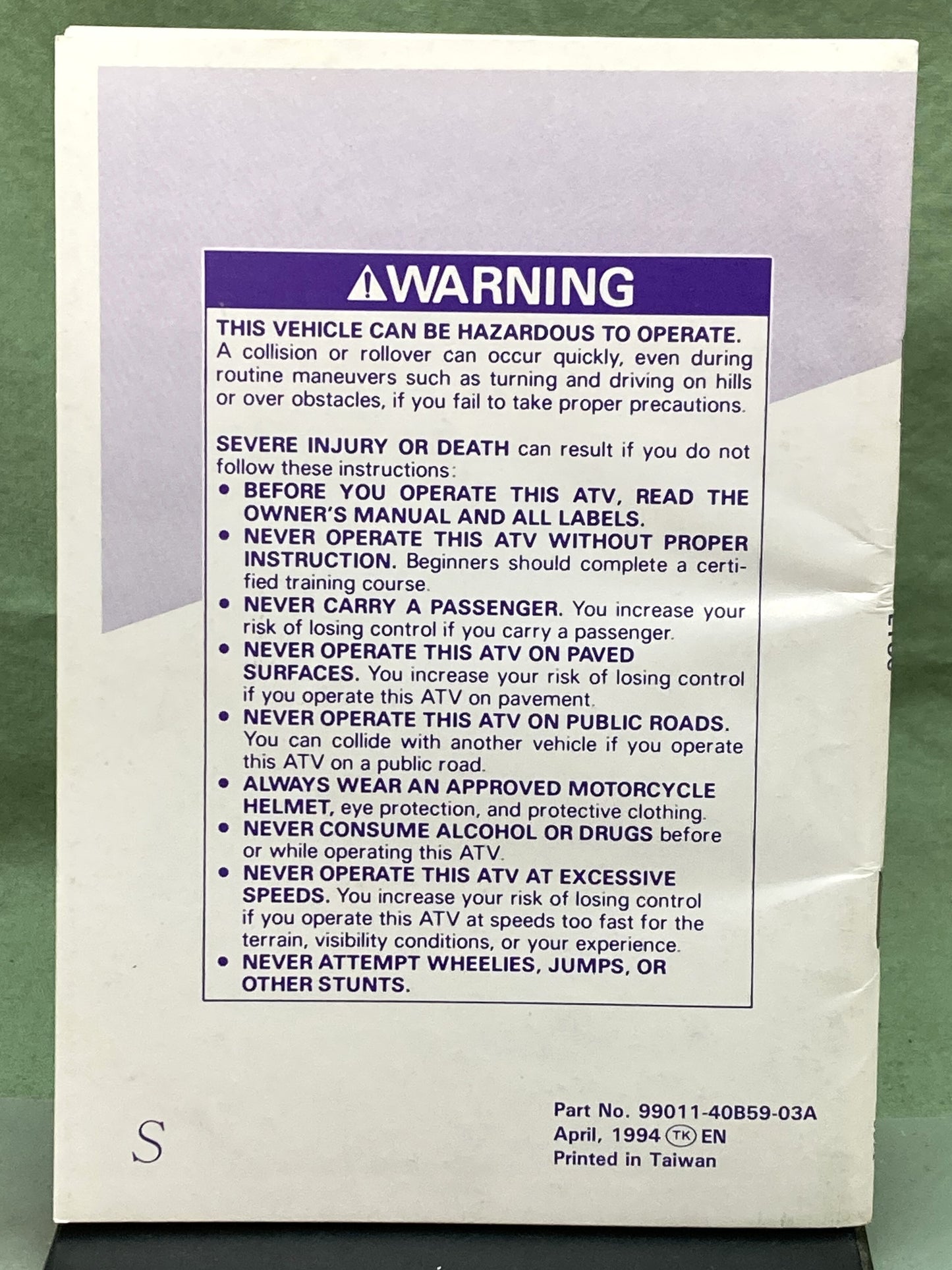 Genuine Suzuki 99011-40B59-03A LT80 Owner's Manual 1994