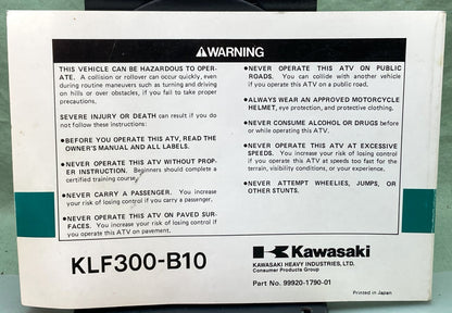 Genuine Kawasaki 99920-1790-01 Bayou 300 All Terrain Vehicle Owner's Manual 1996