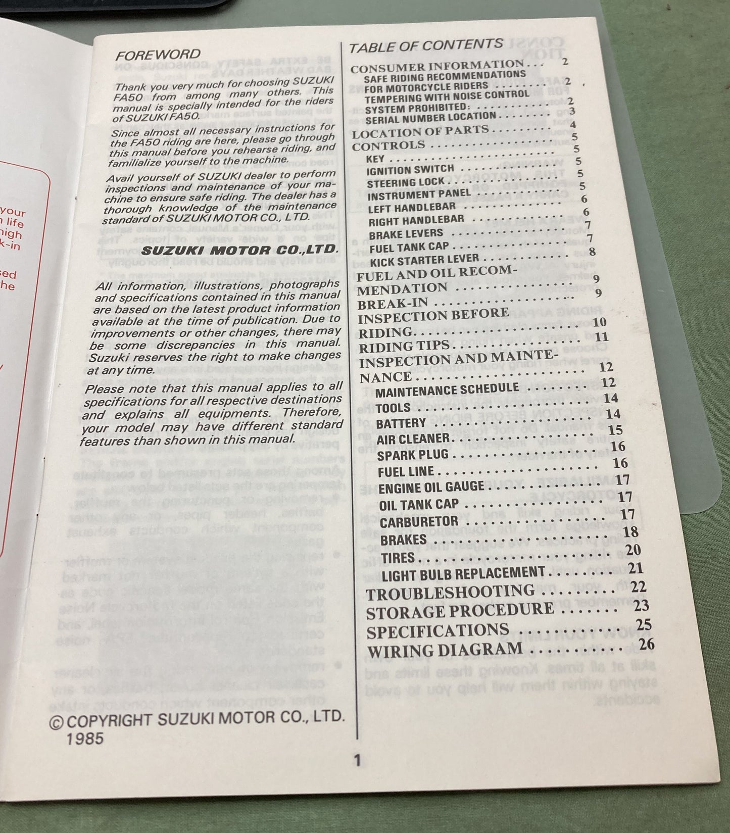 Genuine Suzuki 99011-02427-03A FA50 Owner's Manual 1985