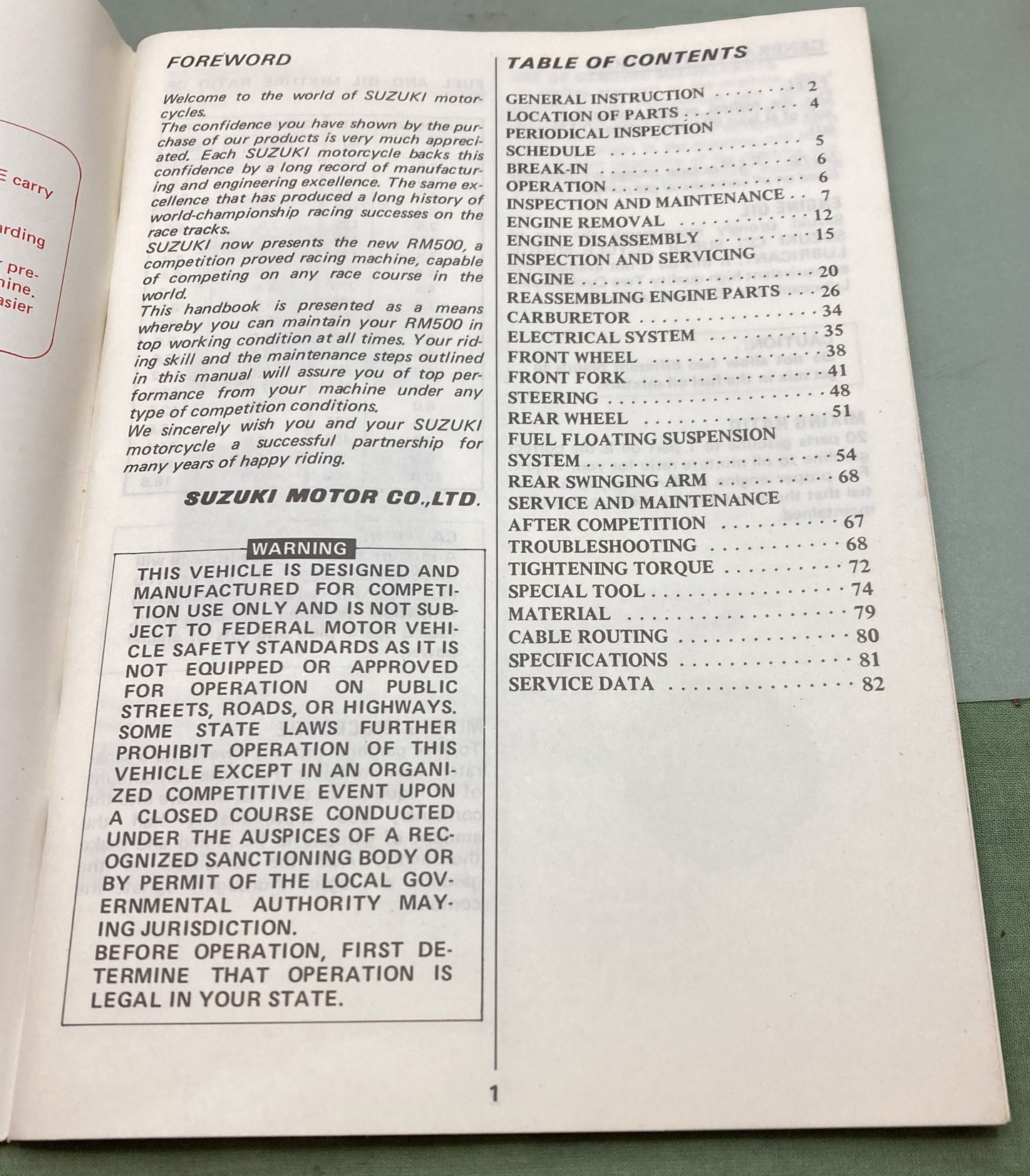 Genuine Suzuki 99011-14222-03A RM500 Owner's Maintenance Manual 1982