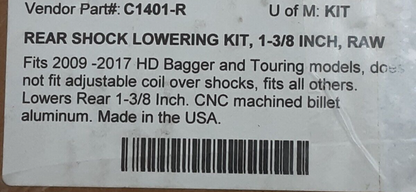 NEW COVINGTONS C1401-R REAR SHOCK LOWERING KIT 1-3/8" HD BAGGER TOURING 09-17