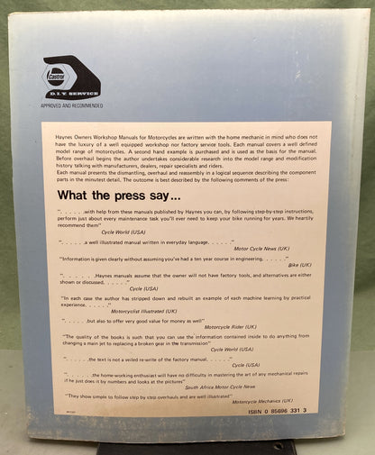 Genuine Haynes 0856963313 Yamaha RS100/125 Singles Owner's Workshop Manual '74