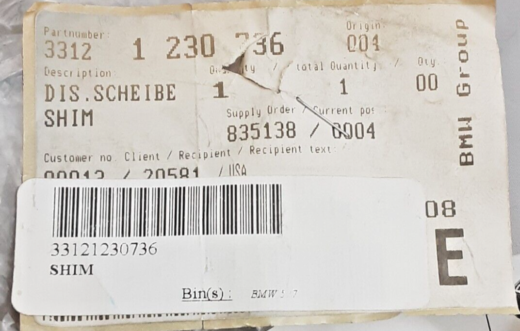 NEW GENUINE BMW 33121230736 SHIM R50/5 R60/5 R75/5 1969-2012