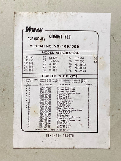 New Genuine Vesrah VG-189/589 Gasket Set