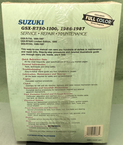 New Clymer M383 Suzuki GSX-R750-1100 Service Manual '86-'87