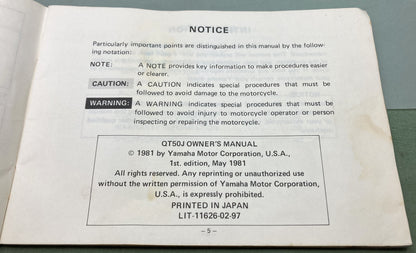 Genuine Yamaha LIT-11626-02-97 QT50J Owner's Manual 1981