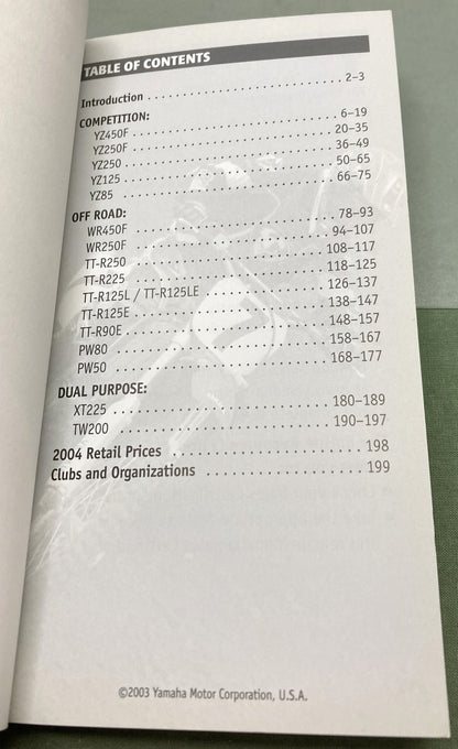 Genuine Yamaha Competition Off Road Dual Purpose Power Sales Guide 2004