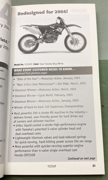 Genuine Yamaha Competition Off Road Dual Purpose Power Sales Guide 2004