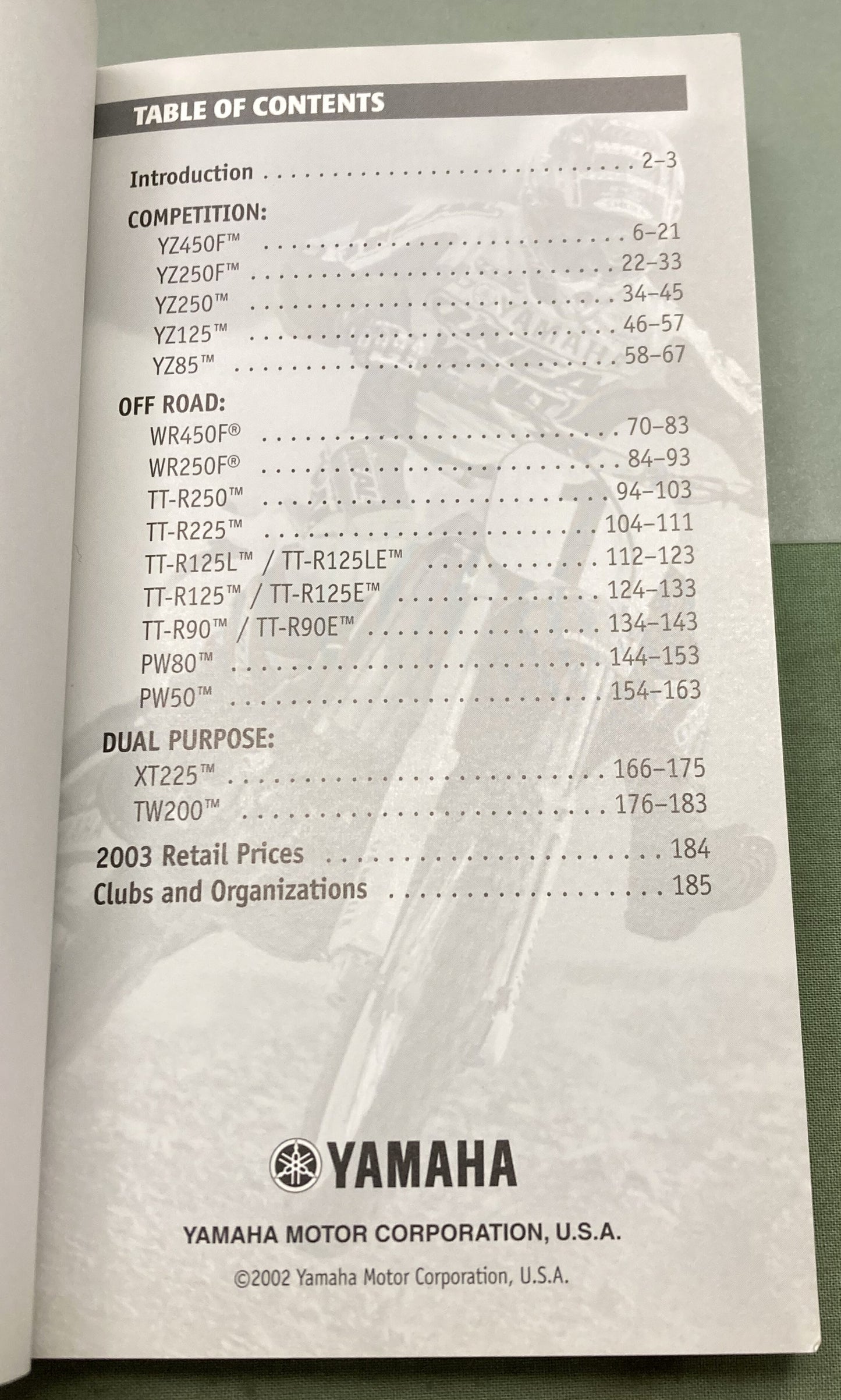 Genuine Yamaha Competition Off Road Dual Purpose Power Sales Guide 2003