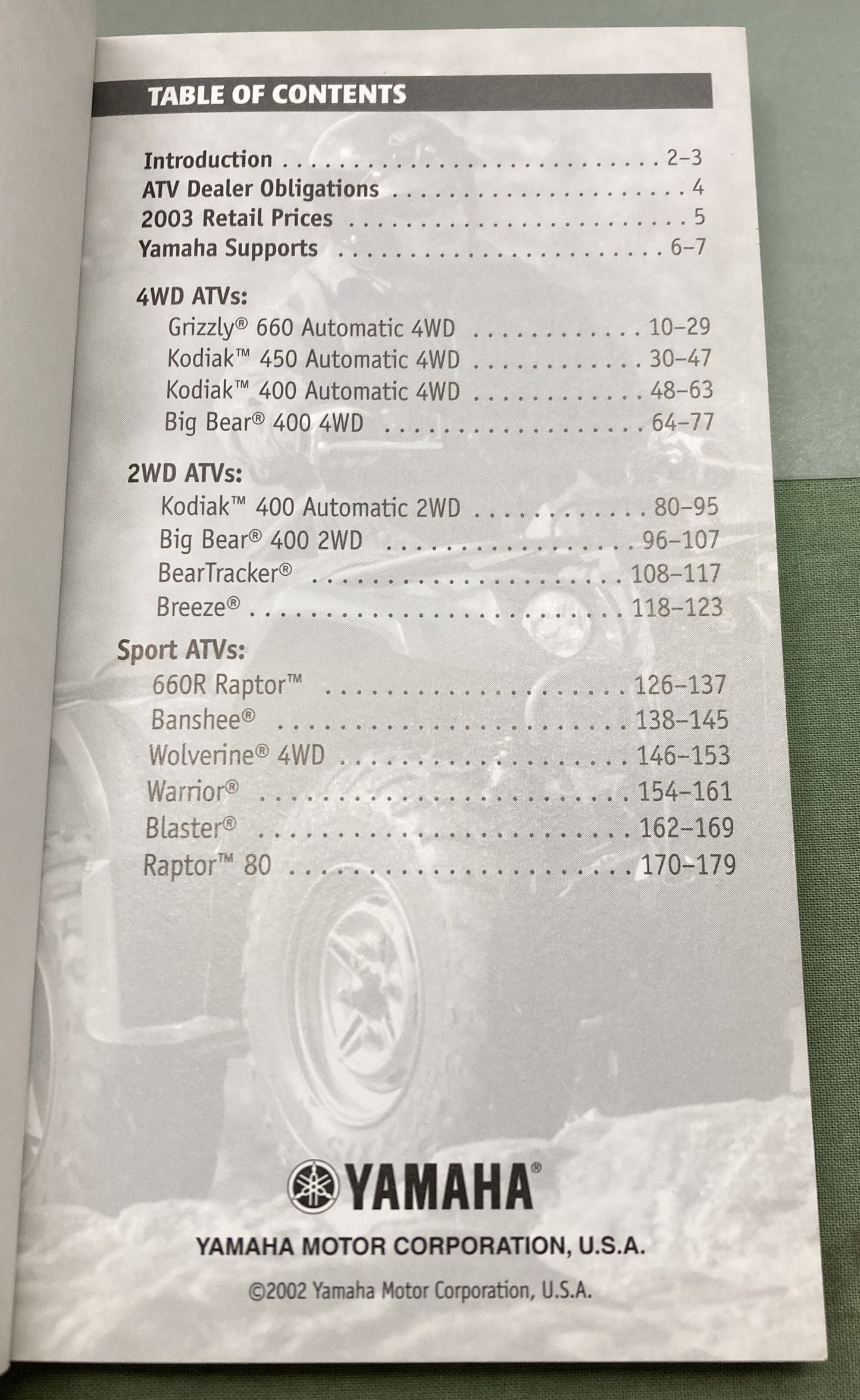 Genuine Yamaha ATV Power Sales Guide 2003