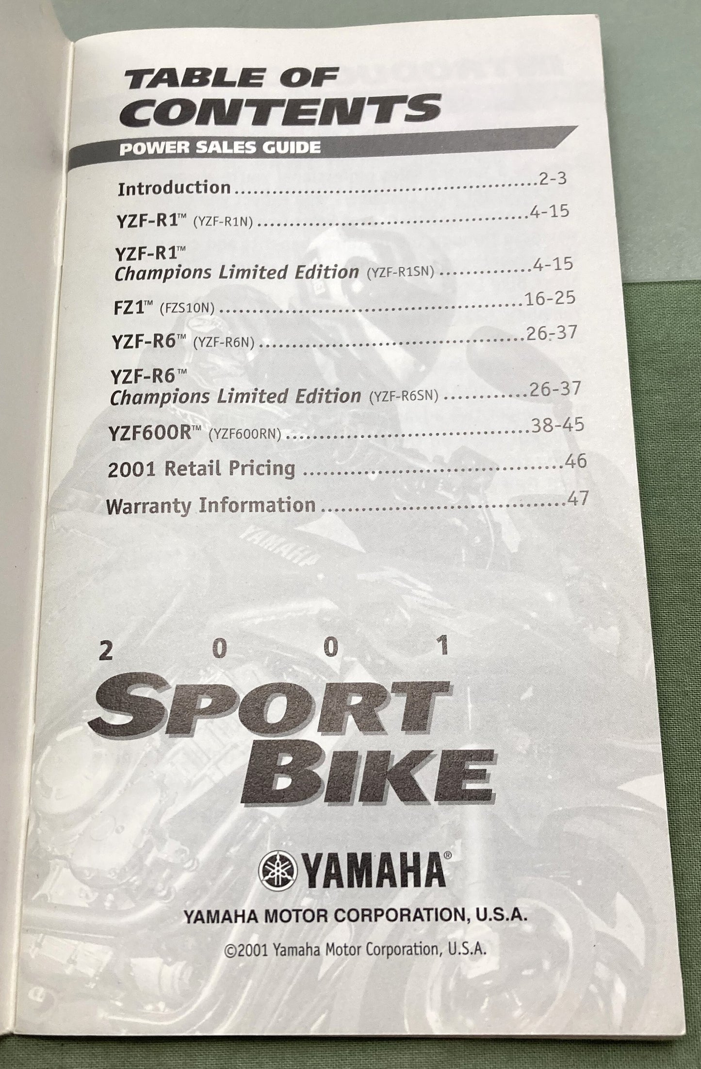 Genuine Yamaha Sport Bike Power Sales Guide 2001