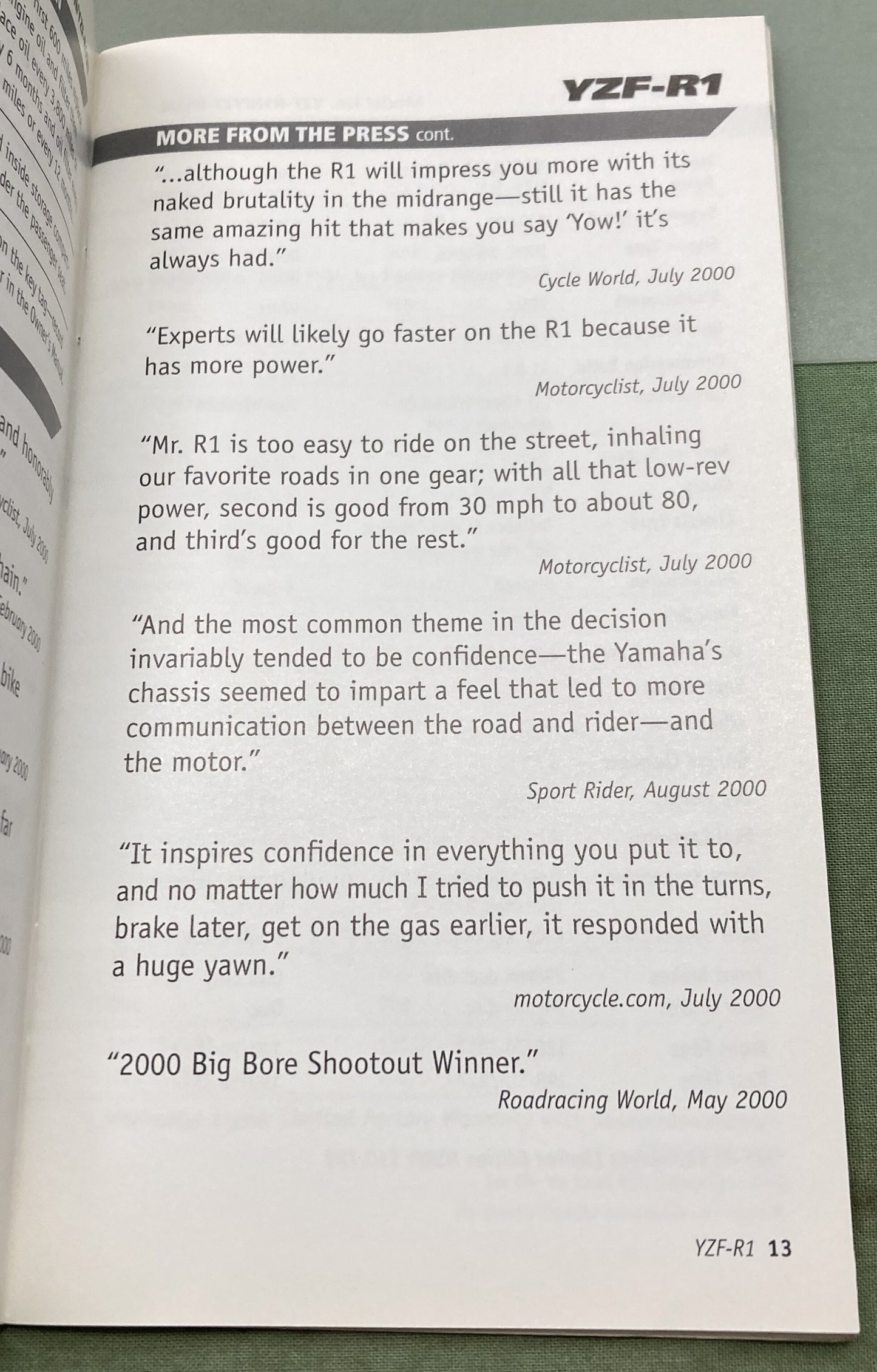 Genuine Yamaha Sport Bike Power Sales Guide 2001