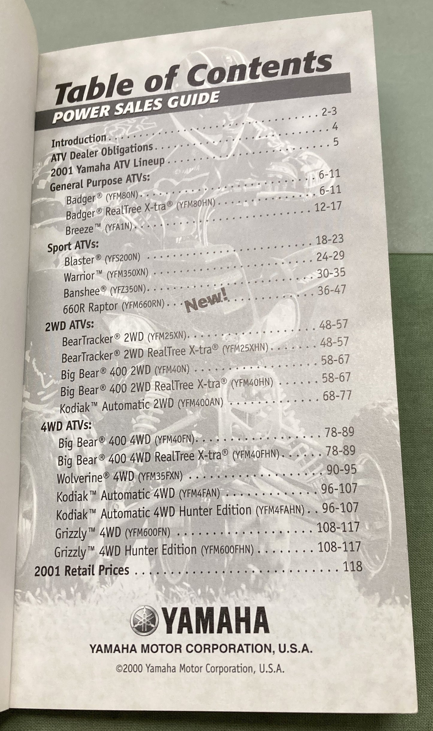 Genuine Yamaha ATV Power Sales Guide 2001