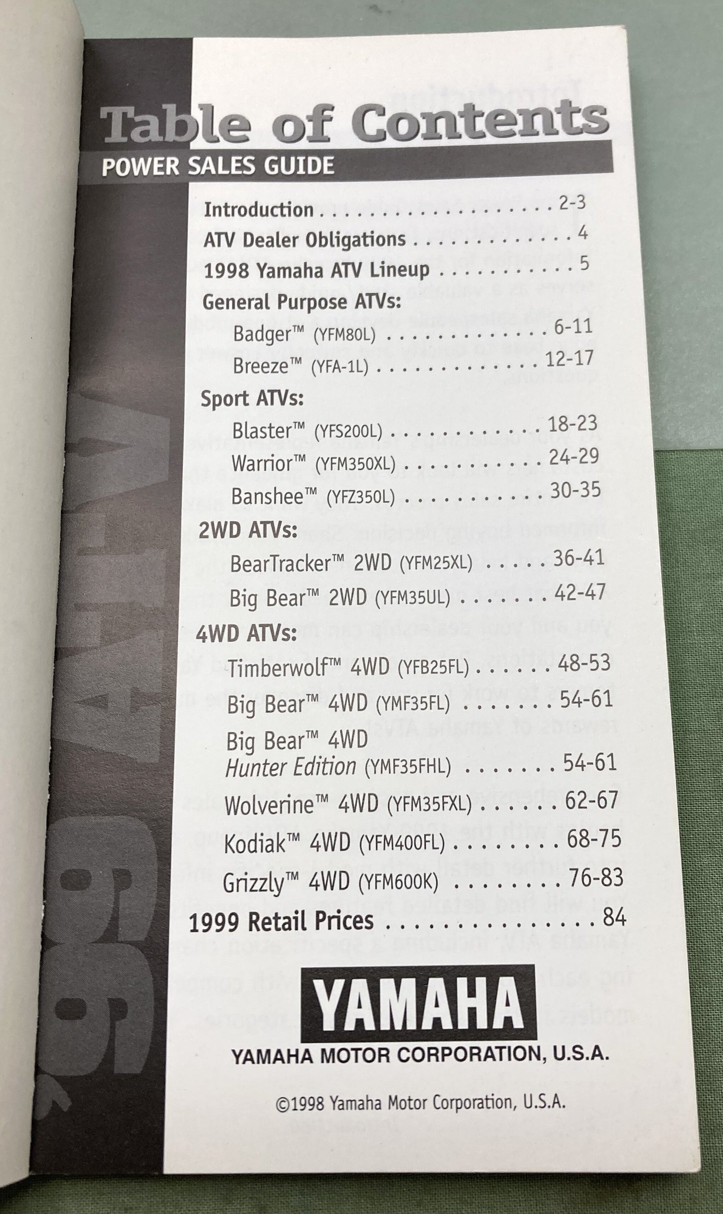 Genuine Yamaha ATV Power Sales Guide 1999