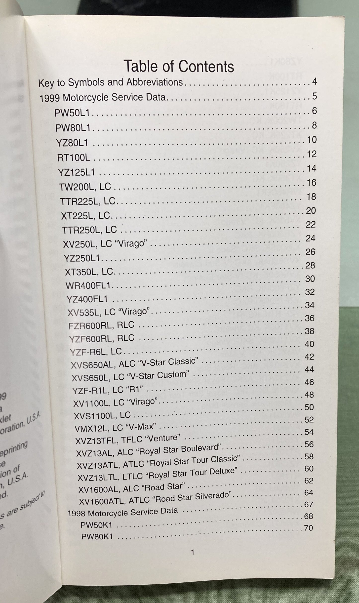 Gen. Yamaha LIT-11571-SD-99 Motorcycle and Riva Technical Service Data '97-'99