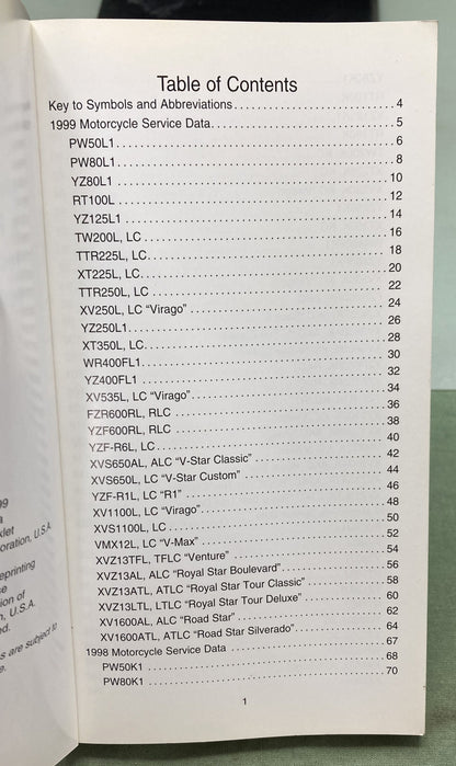 Gen. Yamaha LIT-11571-SD-99 Motorcycle and Riva Technical Service Data '97-'99