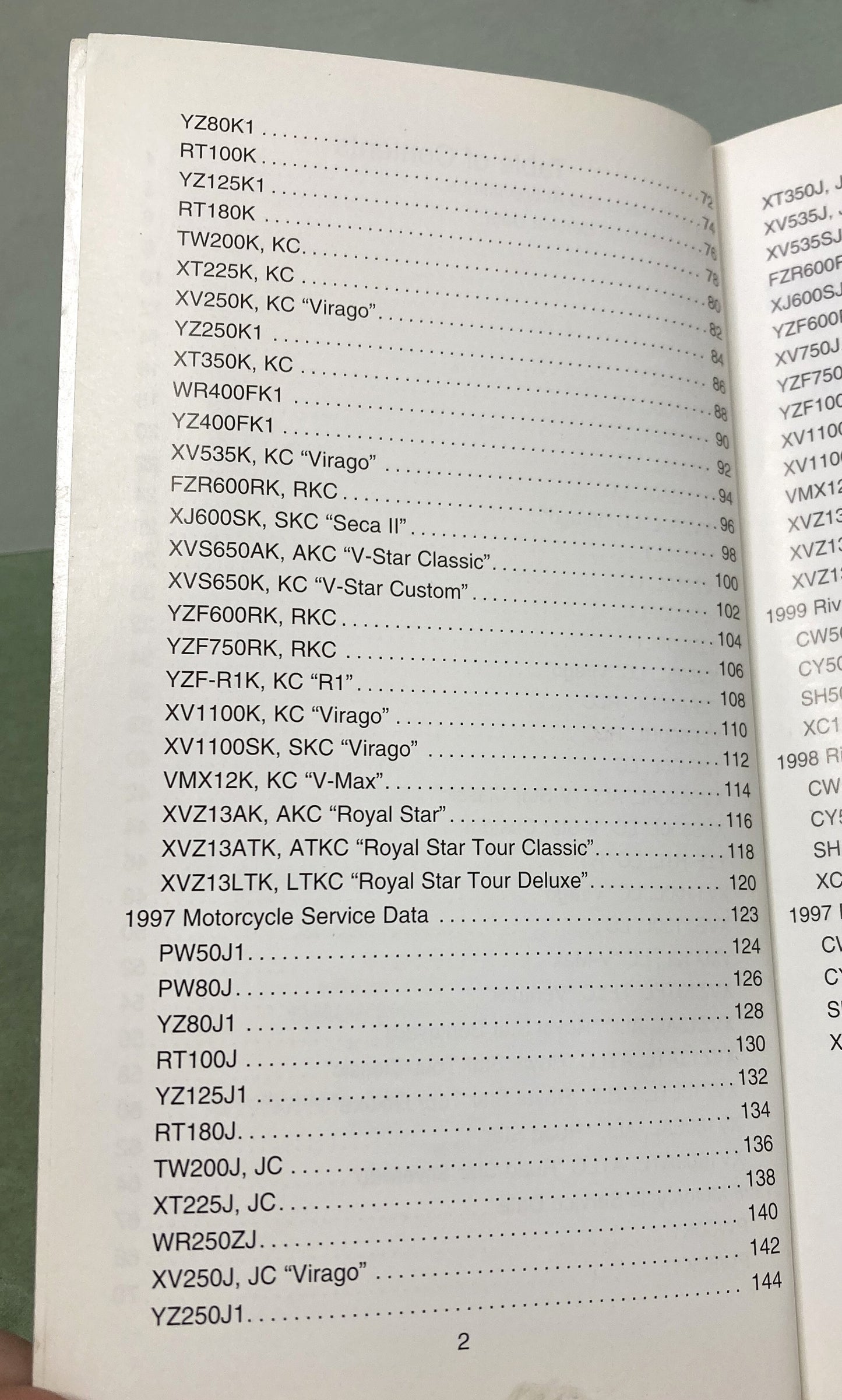 Gen. Yamaha LIT-11571-SD-99 Motorcycle and Riva Technical Service Data '97-'99