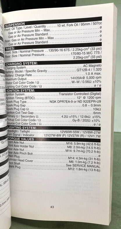 Gen. Yamaha LIT-11571-SD-99 Motorcycle and Riva Technical Service Data '97-'99