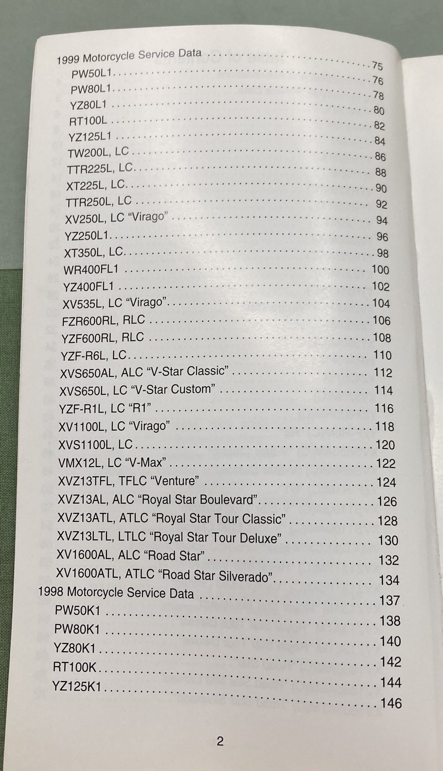 Gen. Yamaha LIT-11571-SD-2K Motorcycle and Riva Technical Service Data '98-'00