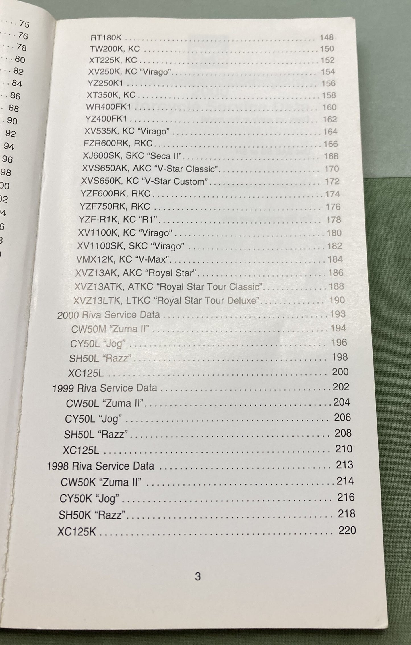 Gen. Yamaha LIT-11571-SD-2K Motorcycle and Riva Technical Service Data '98-'00