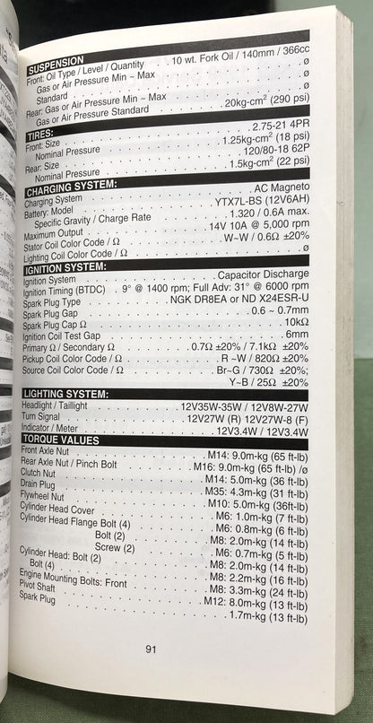 Gen. Yamaha LIT-11571-SD-2K Motorcycle and Riva Technical Service Data '98-'00