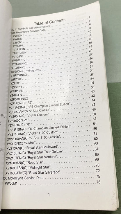 Gen. Yamaha LIT-11571-SD-01 Motorcycle and Riva Technical Service Data '99-'01