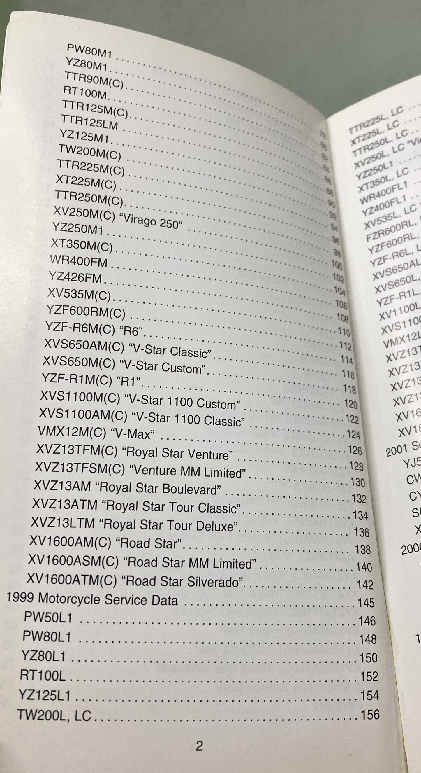 Gen. Yamaha LIT-11571-SD-01 Motorcycle and Riva Technical Service Data '99-'01
