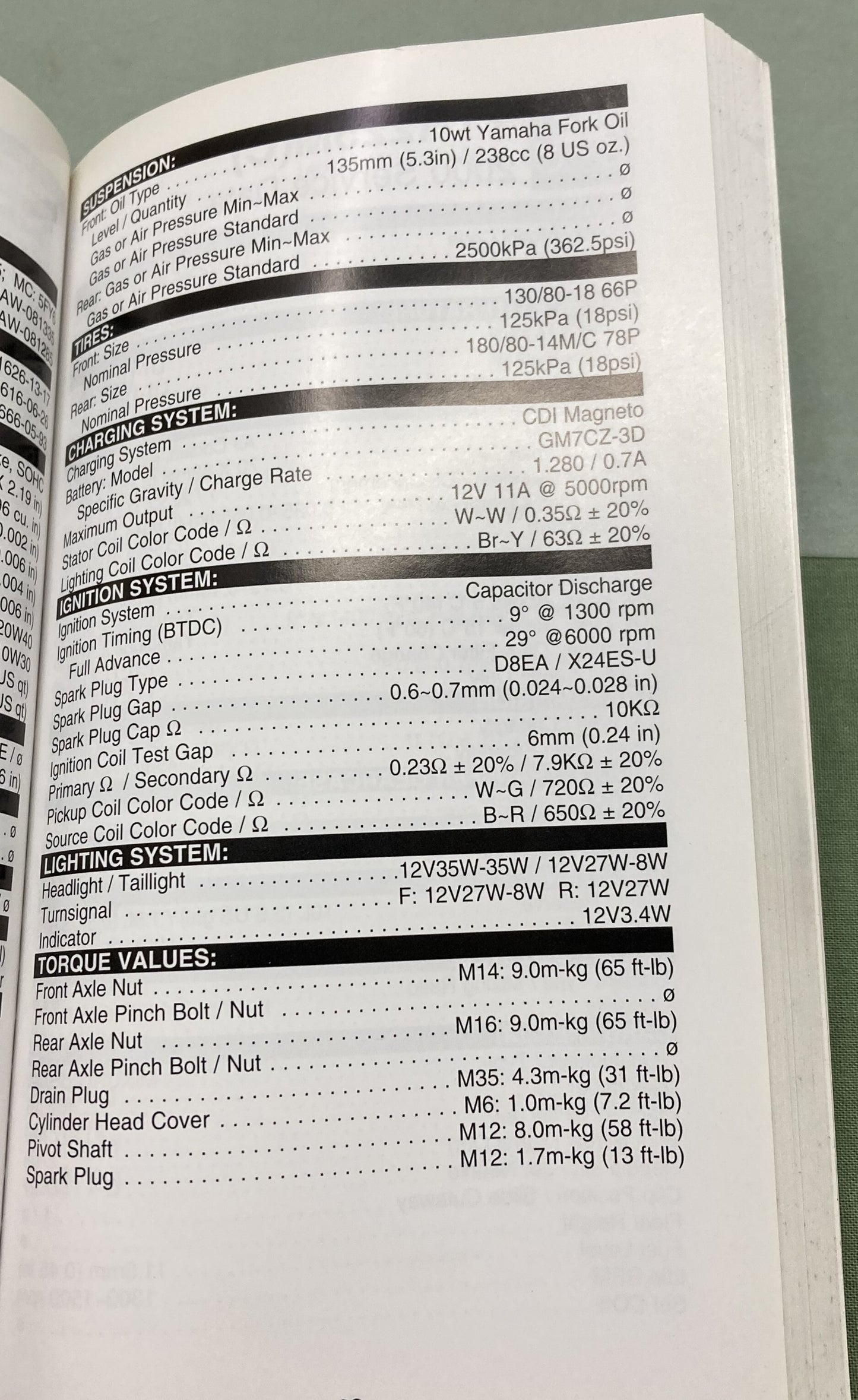Gen. Yamaha LIT-11571-SD-01 Motorcycle and Riva Technical Service Data '99-'01