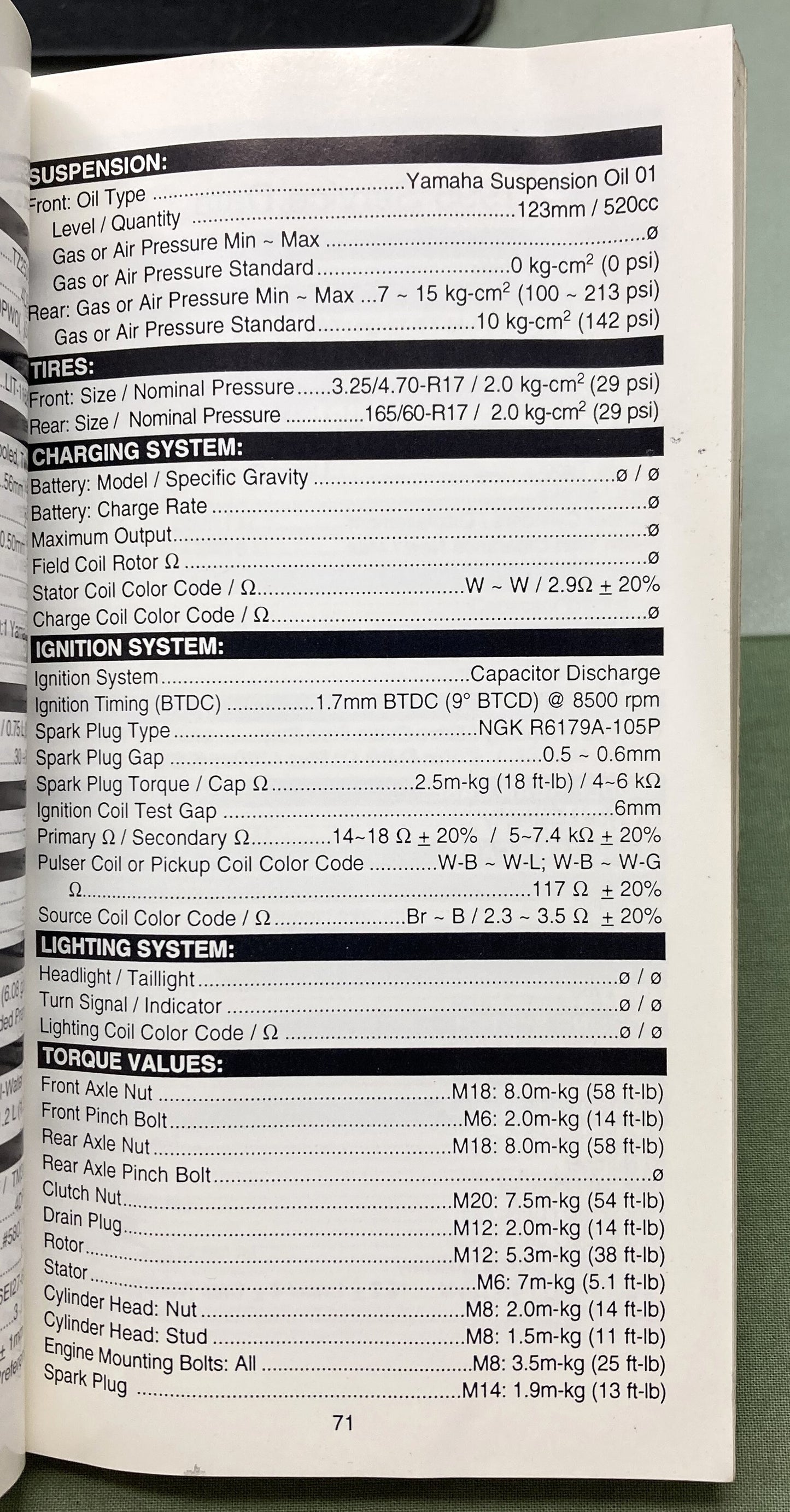 Gen. Yamaha LIT-11571-SD-96 Motorcycle and Riva Technical Service Data '94-'96