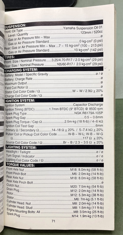 Gen. Yamaha LIT-11571-SD-96 Motorcycle and Riva Technical Service Data '94-'96