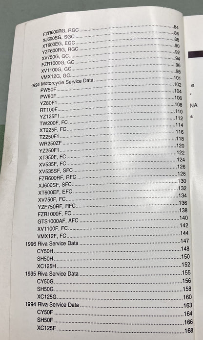 Gen. Yamaha LIT-11571-SD-96 Motorcycle and Riva Technical Service Data '94-'96