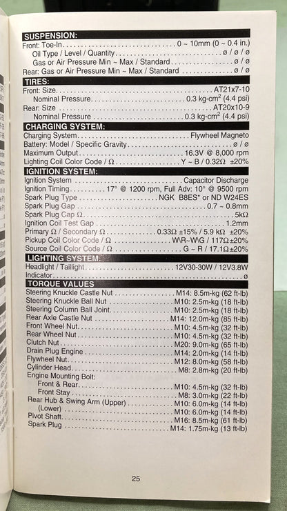 Gen. Yamaha LIT-17571-SD-99 ATV Technical Service Data '97-'99