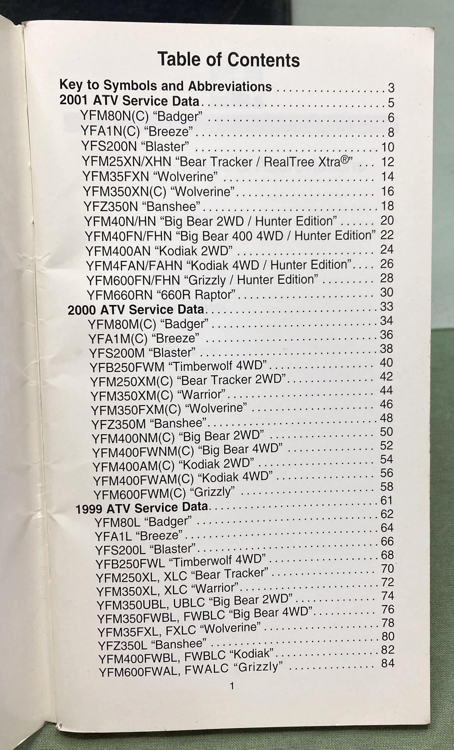 Gen. Yamaha LIT-17571-SD-01 ATV Technical Service Data '99-'01