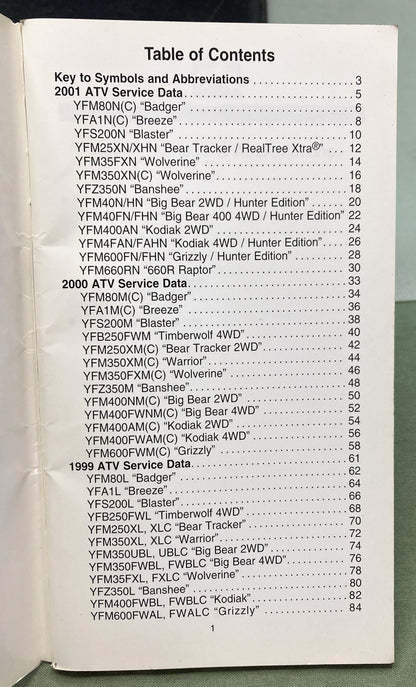Gen. Yamaha LIT-17571-SD-01 ATV Technical Service Data '99-'01