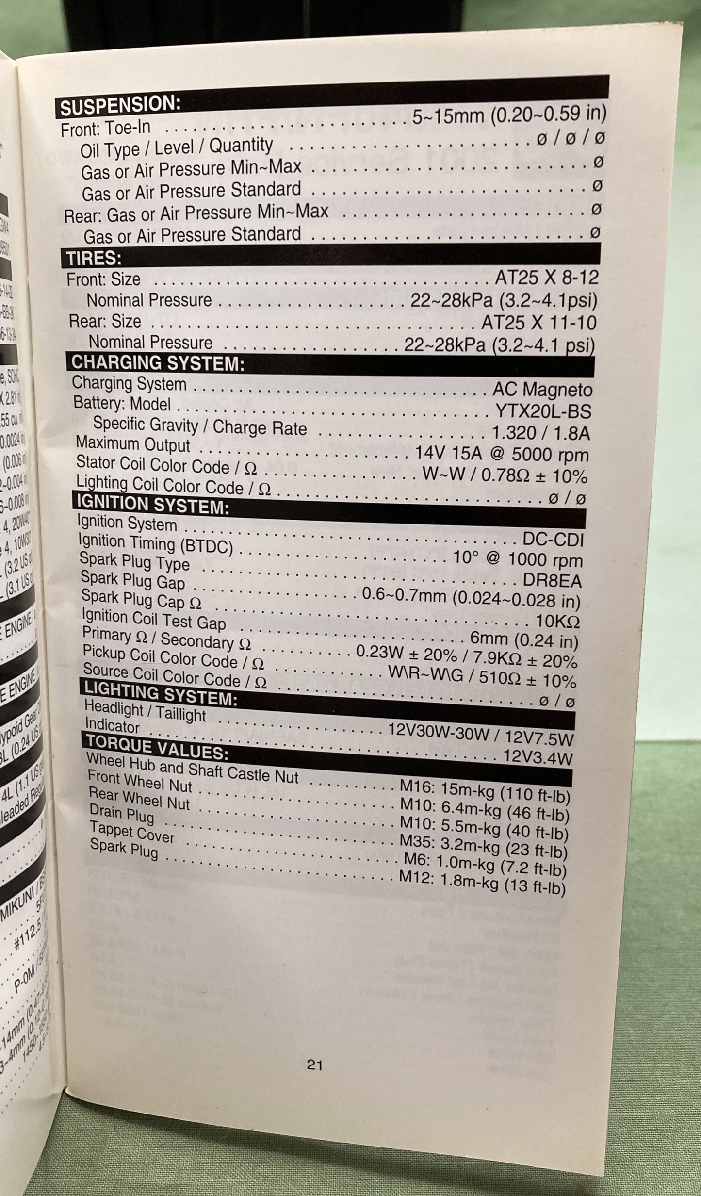 Gen. Yamaha LIT-17571-SD-01 ATV Technical Service Data '99-'01