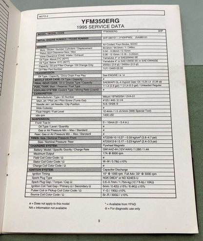 Genuine Yamaha LIT-17571-SD-95 Moto-4 Technical Service Data 1995