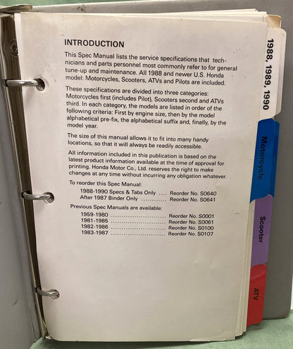 Genuine Honda S0641 Motorcycle ATV and Scooter Spec Manual 1988-1992
