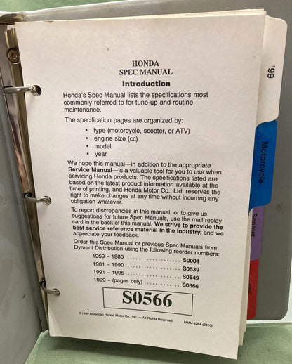 Genuine Honda S0566 Motorcycle ATV and Scooter Spec Manual 1999