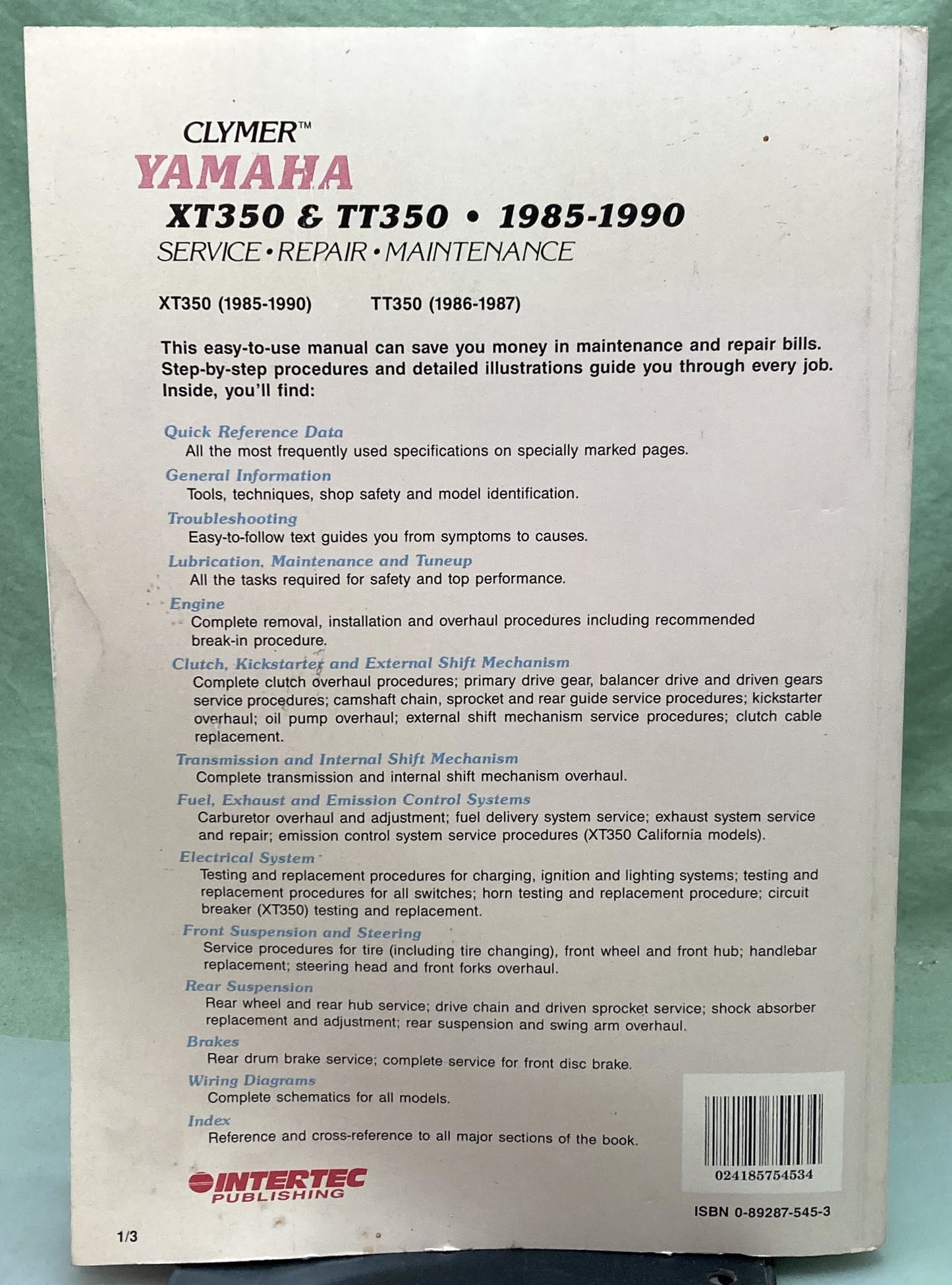 Genuine Clymer M480 Yamaha XT350 TT350 Service Manual 1985-1990