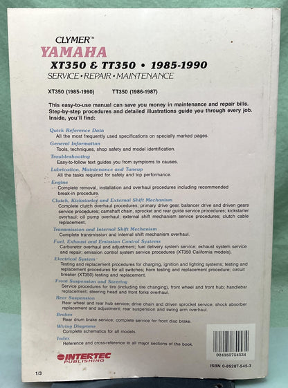 Genuine Clymer M480 Yamaha XT350 TT350 Service Manual 1985-1990