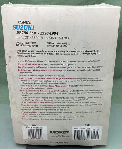 New Genuine Clymer M476 Suzuki DR250-350 Service Manual '90-'94